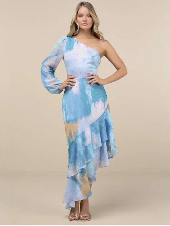 Lulus Dresses & Skirts - Lulus Faria Blue Multi Abstract Metallic Clip Dot Midi Dress NWT